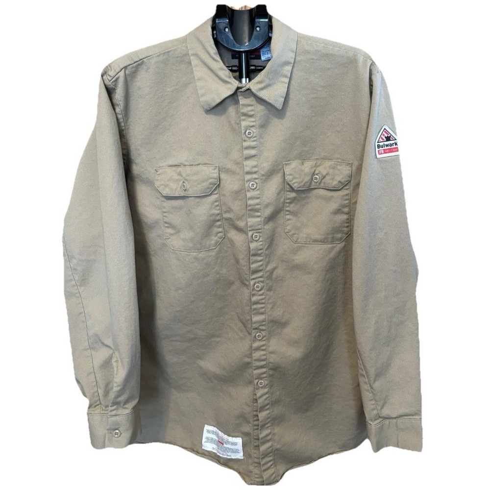 Bulwark Mens XL  Heavy Beige Twill FR Fire Resistant Button Up Cat 1 2112